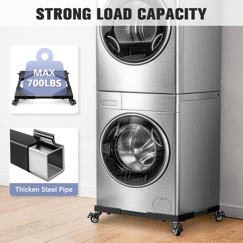 Front view of a washer and dryer stacked on a Beefed Up Heavy Duty Washing Machine Dolly With All Steel Frame Adjustable 21 To 29 Inch Width 700 Lb Capacity Four Brake Wheels Multi Use Appliance Roller For Washer Dryer Refrigerator, showing strong load capacity.