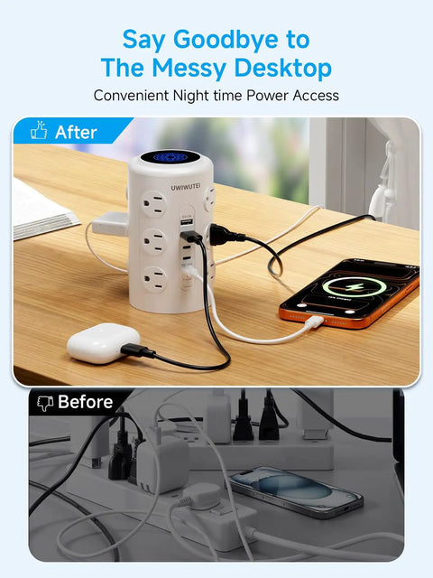 Tower Power Strip With 20W USB-C PD Fast Charging, 12 Outlets, 5 USB Ports Including 3 USB-C, 1800J Surge Protector on desk
