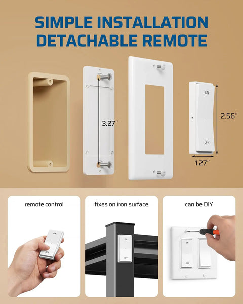 Wireless Light Switch And Receiver Kit No Wiring Required 15A Remote Control Wall Switch For Ceiling Lights Fans Lamps 100 Ft RF Range Programmable Easy Plug And Play Setup showing detachable remote and installation options