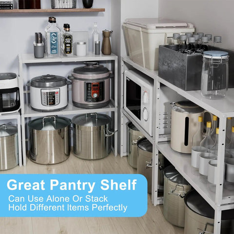 Expandable Kitchen Storage Shelves With Heavy Duty Metal Build, 110 Lbs Capacity, Adjustable Length, shown in pantry with appliances