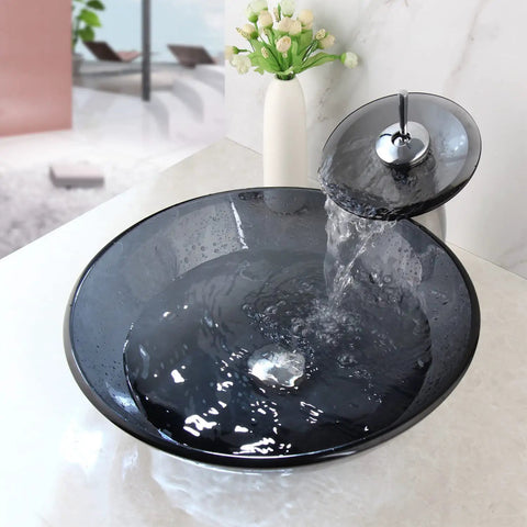Dope Gray Round Glass Vessel Sink With Waterfall Faucet And Pop Up Drain Above Counter Bathroom Vanity Basin Durable