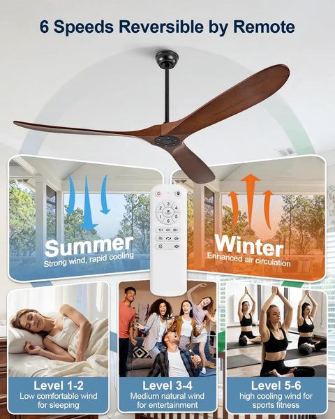 BOOMJOY 72 Inch Ceiling Fan No Light, Wood Outdoor Ceiling Fans for Patios with remote control and 6 speed settings