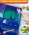 24 Day STEM Advent Calendar For Kids With All Inclusive Hands On Science Experiments Kit Featuring Volcano Chemistry Physics Gemstones And Holiday Countdown Gift For Boys And Girls with open day compartments and experiment materials.