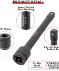 Heavy Duty 3 Piece 3/4 Inch Drive Impact Extension Bar Set With 4 6 And 10 Inch Options. Cr-Mo steel detail with size marking and detent ball.