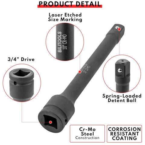 Heavy Duty 3 Piece 3/4 Inch Drive Impact Extension Bar Set With 4 6 And 10 Inch Options. Cr-Mo steel detail with size marking and detent ball.