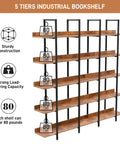 Five Tier Industrial Bookcase With Black Metal Frame And Brown MDF Shelves, showing 80 lb load capacity per shelf.