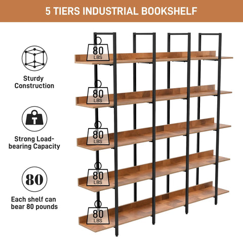 Five Tier Industrial Bookcase With Black Metal Frame And Brown MDF Shelves, showing 80 lb load capacity per shelf.