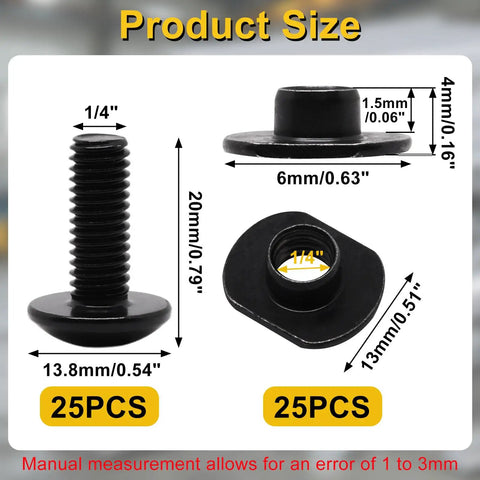 Hella Strong 1/4 20 Centered Slide T Nuts For T Slot Track Paired With Matching 1/4 20 X 1/2 Bolts In Classic Black Coat Slick Iron Hardware Set For Aluminum Extrusion Profiles 50 Piece Badass Rig product size diagram showing dimensions and specifications.