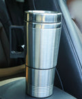 Portable 12V And 24V Car Kettle With Leakproof Stainless Steel Interior Fast Auto Heater For Brewing Fresh Coffee Or Tea On The Go, close-up in vehicle.