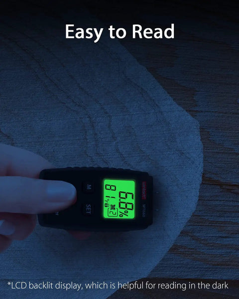 Pin Type Moisture Meter Pocket Tester For Wood And Building Materials, hand-held black meter with backlit LCD on wood