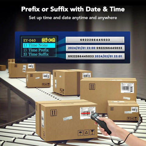 Portable Bluetooth Barcode Scanner With Handy Screen For 1D And 2D QR Codes Real Time LCD Display USB Wired Or Wireless Great For Retail Library And Mobile Office On iPhone iPad Android And Laptop scanning a box on a conveyor belt.
