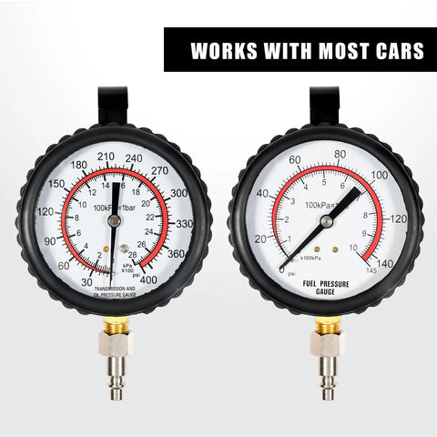 Front view of PESIKO oil/transmission and fuel pressure gauge kit with two round white-faced gauges and brass fittings.