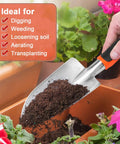 Workhorse Heavy Duty Aluminum Garden Shovel With Ergonomic Handle for digging deep in tough soil, shown with garden soil in planter