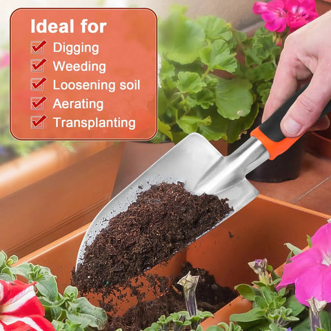 Workhorse Heavy Duty Aluminum Garden Shovel With Ergonomic Handle for digging deep in tough soil, shown with garden soil in planter
