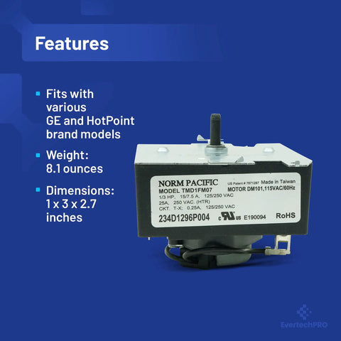 OEM Dryer Timer Replacement Fits WE04X25280 WE04M362 WE04M0532 234D2377P005 TMD1FM07 shown with features list