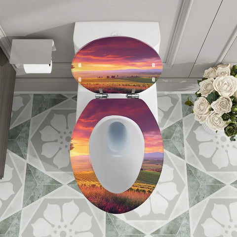 Elongated Slow Close Toilet Seat Farmhouse Style for Bathroom featuring a sunset landscape design, fits most toilets.