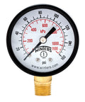 Two Inch Dial Pressure Gauge With Brass Internals, Black Steel Case, Dual Scale Psi and KPa, Bottom Mount Quarter Inch NPT