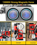 Heavy Duty 110V Magnetic Drill Press With 1300W Power, 810 RPM, 1.6 Inch Boring Capacity, showing strong magnetic force in various positions.