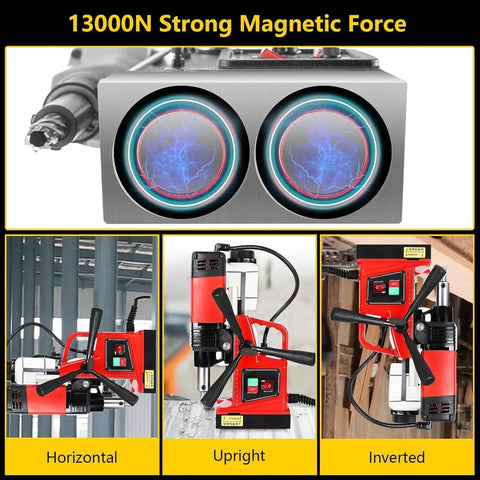 Heavy Duty Magnetic Drill Press 1300W 700RPM 1.57 Inch Boring showing strong magnetic force in horizontal, upright, and inverted positions.