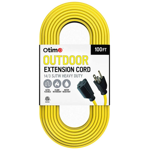 Heavy Duty 100 Foot 14 3 SJTW Yellow Outdoor Extension Cord With 3 Prong Ground Plug 13A 1625W Water And Weather Resistant