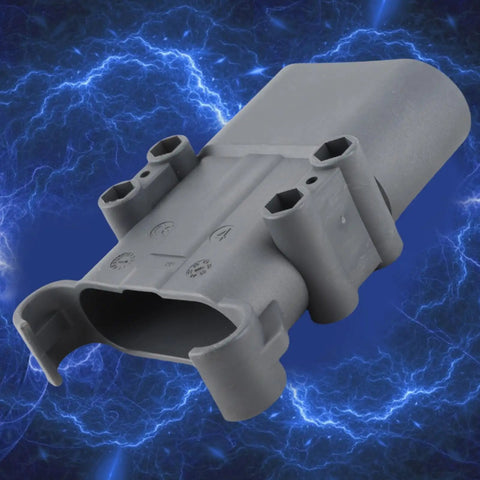 Workhorse Male Forklift Connector For Ev Charging Setup Rated Heavy Duty Beast Mode With 320A And Dc 150V Spec Slate Gray casing viewed from the side.