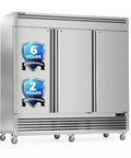 Kitchen Workhorse Commercial Reach In Freezer 72 Cubic Foot Triple Door Stainless Steel Upright Cooler with warranty labels.