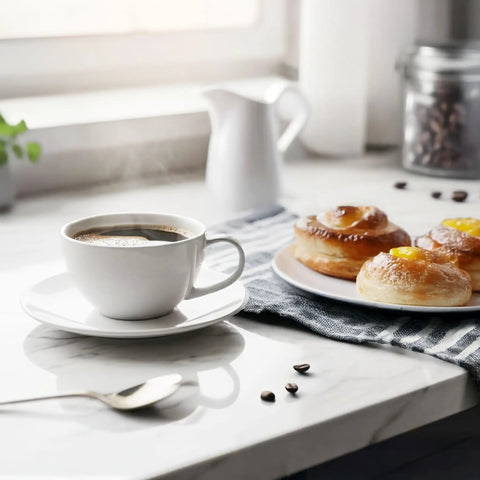 Cup of coffee with pastries on a marble countertop next to a window, morning light illuminating the scene.