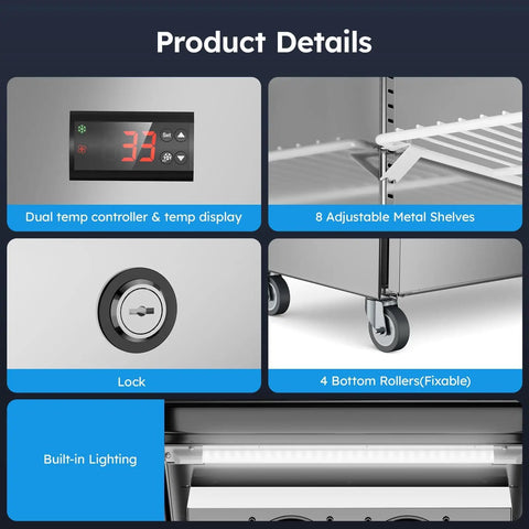 Image shows the control panel, eight adjustable metal shelves, and lock of Rock Solid Fifty Inch Wide Commercial Refrigerator Freezer Combo.