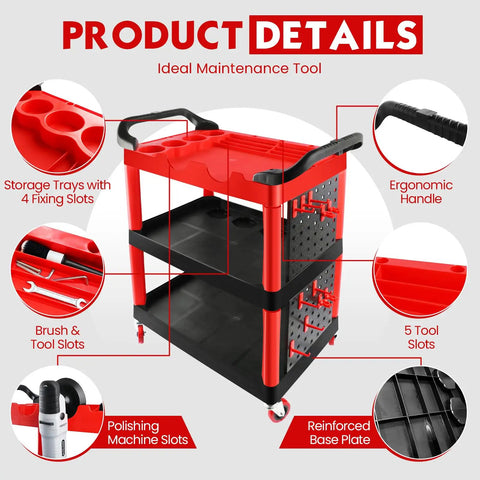 Red Auto Detailing Cart With Wheels, 3 Tier Car Wash Organizer With Hanging Boards And Hooks, Heavy Duty ABS Construction