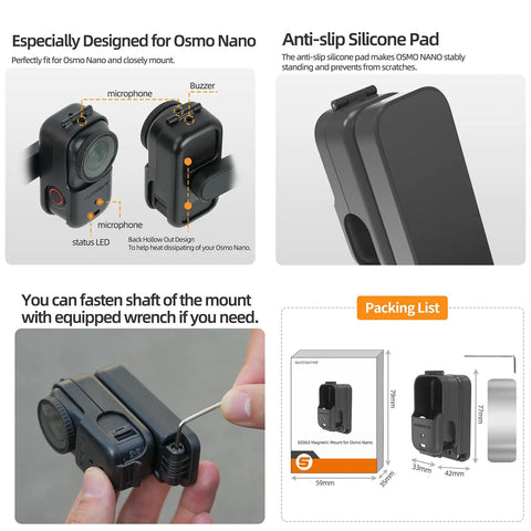 Magnetic Mount Stand For Osmo Nano Camera With 360 Degree Rotation And Vertical Horizontal Adjustable Angles Foldable Desktop Base Versatile Holder Bracket For Osmo Nano Accessories And On The Go Studio Setup shown in packaging and features.