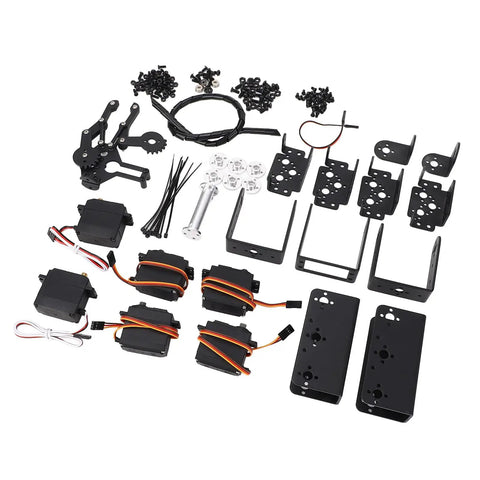 Heavy Duty 6DOF Mechanical Arm Claw Kit With Dual Power Control For College Teaching Maker Education and components laid out.