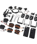 Industrial Grade Black Aluminum Six Axis Robotic Arm Claw Kit With Six Dope High Torque Servo Motors For Kickass STEM Classrooms And Ridiculously Versatile Maker Education Hands On Tech Project Rig parts including servo motors and metal components laid out.