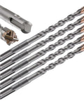 Close-up of five Wensilon 3/8 in concrete drill bits with cross-type double-thread carbide tips