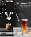 Level Up Your Daily Coffee Drip With This Pro Espresso Machine And Built In Grinder Featuring 20 Bar Pressure A Milk Frother Steam Wand And Spacious 60 Oz Tank For Barista Level Sips At Home with cold brew coffee in a glass.