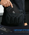 Person placing Go To All In One 74 in 1 Magnetic Ratchet Screwdriver Set case into pocket, displaying compact design.