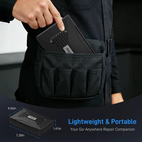 Person placing Go To All In One 74 in 1 Magnetic Ratchet Screwdriver Set case into pocket, displaying compact design.