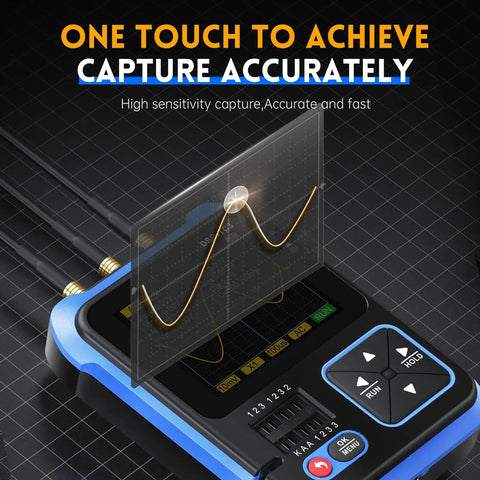 Close-up of Go To All In One Handheld Oscilloscope With DDS Signal Generator And Transistor Tester, 2.4 inch TFT display capturing waveforms.