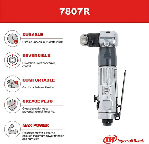 Three Eighths Inch Reversible Air Angle Drill For Service Work With Standard Duty Power, features like Jacobs Multi-Craft Chuck and grease plug