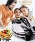 Heavy Duty Electric Tortilla Press 10 Inch Non Stick Roti Maker With Adjustable Heat Control on a kitchen counter with pancakes.