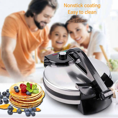 Heavy Duty Electric Tortilla Press 10 Inch Non Stick Roti Maker With Adjustable Heat Control on a kitchen counter with pancakes.