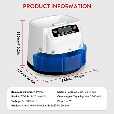 Ponnor Automatic Coin Counter Machine Sorter And Wrapper With Fast 300 Coins Per Minute Speed, size 13.6x10.8x10.2 inches.