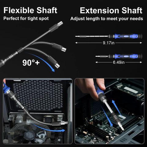 Flexible and extension shafts of Electric Screwdriver Kit With 144-In-1 Precision Bits for electronics repair in action.