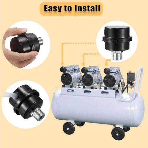 Diagram of air compressor showing installation of Air Compressor Silencer With Built In Filter And Intake Filter Replacement