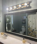 Bathroom with 36-Inch Five-Light Modern Farmhouse Vanity Light With Smoked Birch Wood Grain Metal And Black Finish, Open Rectangular Frame, Rustic Bathroom Bar Fixture For Powder Rooms And Hallways above mirror