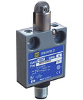 Hella Tough Miniature Potted Limit Switch With Parallel Roller Plunger And Z Contact Form Featuring Beefy 10 Amp Silver Contacts And Sleek Male Four Pin Ac Connector For Tight Automation Projects on a gray metal housing.