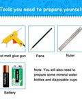 Tools needed for 465 Piece DC Motor Kit For DIY STEM Projects include hot melt glue gun, pen, ruler, AA batteries.