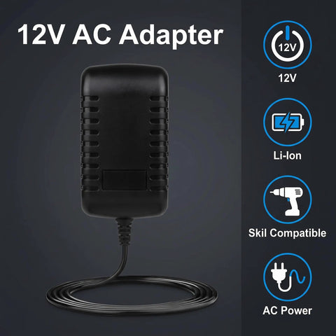 Slick 12 Volt AC Adapter For Cordless Drill Driver Featuring Plug And Play Design, compact black wall charger with cable.