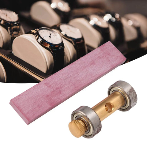 3000 Grit Watch Screwdriver Sharpening Stone Set With Handy Sharpening Guide and Grinding Tool next to wristwatches display.