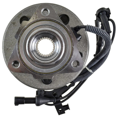 Front Wheel Bearing And Hub Assembly For Ford Explorer 2006 To 2010 Mercury Mountaineer And Explorer Sport Trac 2007 To 2010 Premium Replacement Part With DIY Video Guide Beefed Up For Easy Install shown top view with ABS cable attachment.
