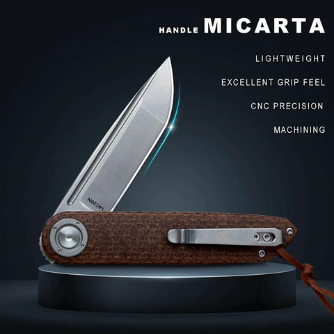 Edc Pocket Folding Knife With 3.5 Inch 14C28N Blade, Micarta Handle, CNC Machining, shown on a display